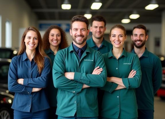 Équipe de LavAuto Pro Services souriante devant atelier