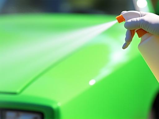 Main gantée pulvérisant un produit bio sur voiture verte