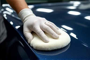 Technicien appliquant une cire céramique sur capot de voiture